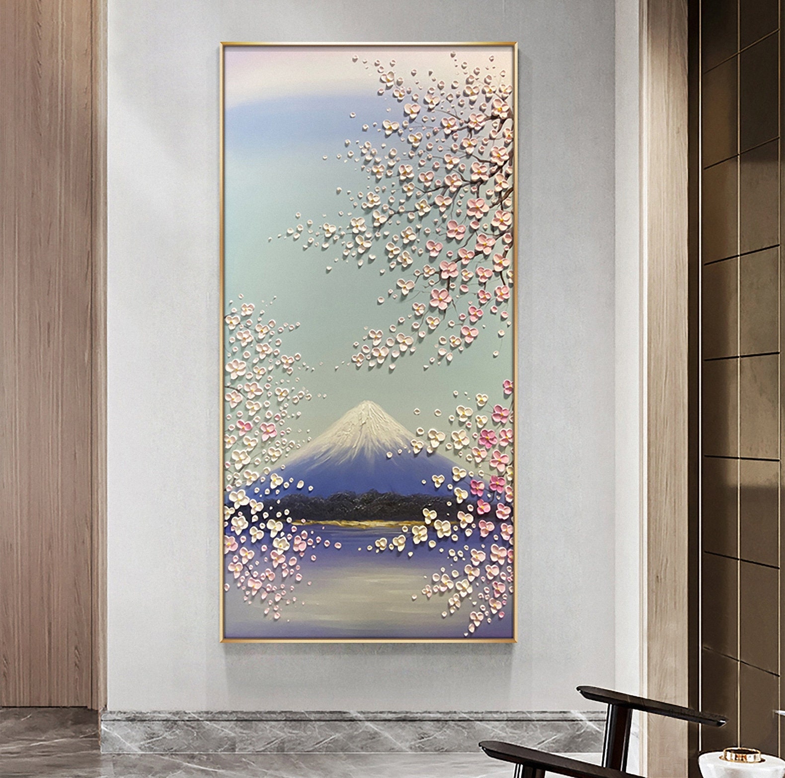 Large Original Wall Art Mount Fuji & Cherry Blossoms Painting Pink ...