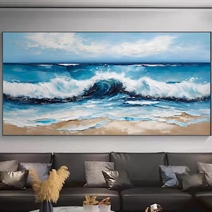 White blue Ocean Wave Oil Painting on Canvas Abstract Nature beach Blue Sea Wave Scenery Textured Wall Art Large Wall Art Living Room Decor