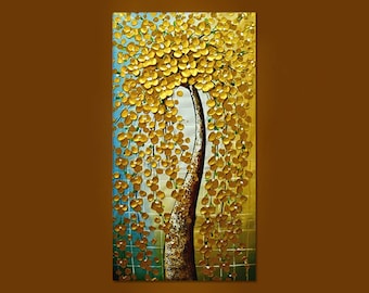 Large Abstract Gold Cherry blossom treee painting for living room bedroom decor home wall decor thick palette knife oil painting on canvas