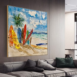 Sunshine Beach Abstrato arte de parede pintura acrílica decoração de quarto infantil prancha de surf arte de parede sala de estar pintura de paisagem arte de parede extra grande