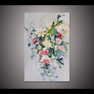 White Pink Rose Flower oil painting on canvas living room wall decor 3D Abstract Flower Texture Art thick acrylic palette knife art painting
