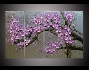 Hand-painted living room bedroom home decor purple plum blossom flower tree hang wall art picture silver foil palette knife painting By Lisa
