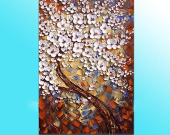 Hand-painted Big wall art picture living room bedroom decor abstract white flower tree thick palette knife oil painting on canvas By Lisa