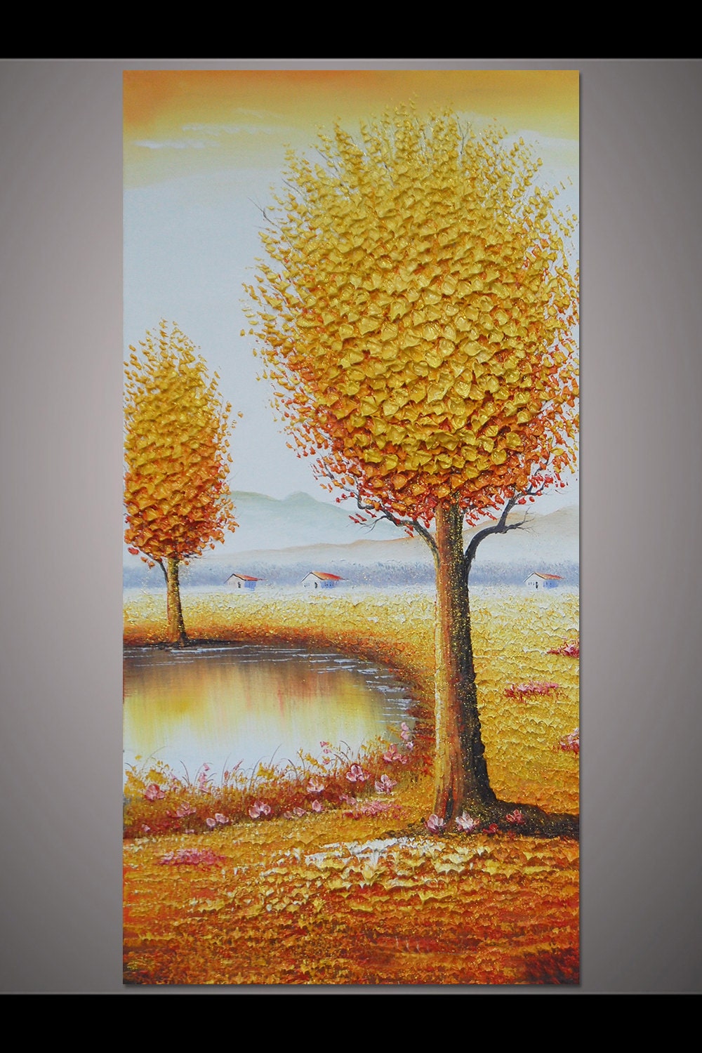 Hand Painted Autumn Village Landscape House Tree Painting Home Etsy