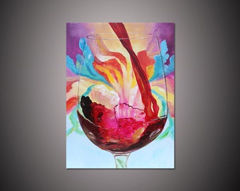 Large Abstract Art Red Wine Glass oil painting on canvas Bar wall art decor Pub wall art dining wall decor colorful canvas wall art painting