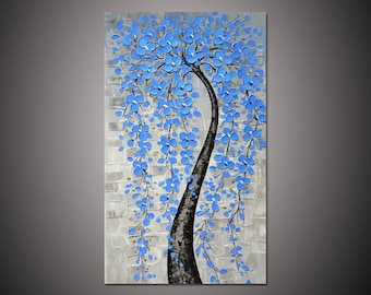 Hand-painted light blue flower tree wall art picture for living room home decor thick acrylic palette knife oil painting on canvas wall art