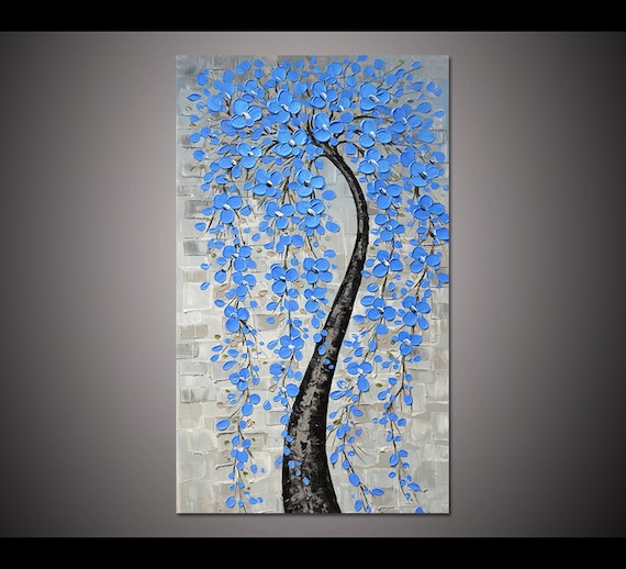 Wandbild Leinwand 50x100 Cm – Blaue Blumen & Bäume, Moderner Druck, Fertig Zum Aufhängen