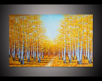 Large original art gold yellow tree forest wall art autumn landscape painting wall decor living room wall art abstract painting on canvas