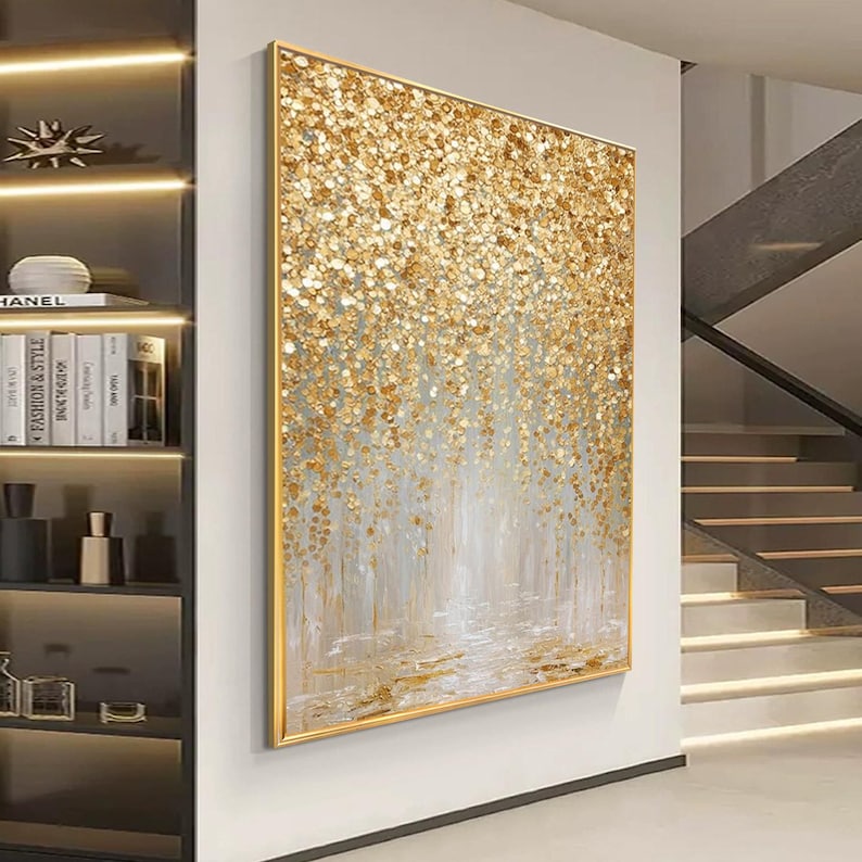 Abstract Large Art Luxury Gold Textures Falling Oil Painting on Canvas ...