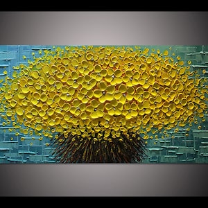 Grote Handgeschilderde turquoise olieverfschilderij kunst dikke acryl Blooming Yellow Flower Bouquet olieverfschilderij op canvas kunst palet mes schilderen