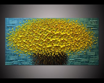 Large Hand painted turquoise oil painting art thick acrylic Blooming Yellow Flower Bouquet oil painting on canvas art palette knife painting
