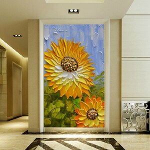 手描きの抽象的なオレンジイエローのひまわりの油絵キャンバスアート3D厚いアクリルパレットナイフアート絵画廊下の装飾壁アート