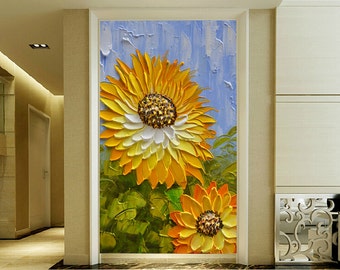 Hand painted Abstract Orange Yellow Sunflower oil painting on canvas art 3D thick acrylic palette knife art painting Hallway decor wall art