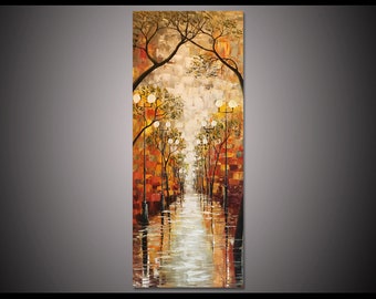 May include: An oil painting depicts a street scene with a row of streetlights and trees lining a wet road. The artwork features warm colors like orange, brown, and yellow, with reflections in the water. The painting has a vertical orientation.
