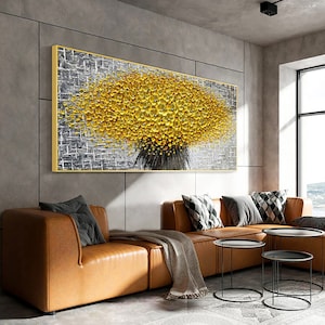 Hand painted blooming yellow flowers thick acrylic palette knife oil painting Grey textured wall art living room decor large canvas wall art