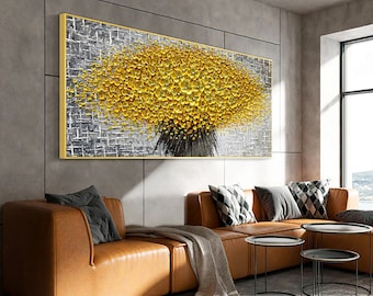 Hand painted blooming yellow flowers thick acrylic palette knife oil painting Grey textured wall art living room decor large canvas wall art