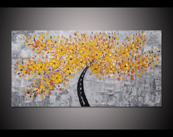 Hand painted Large Orange yellow cherry blossom oil painting on canvas wall art abstract flower tree palette knife impasto art oil painting