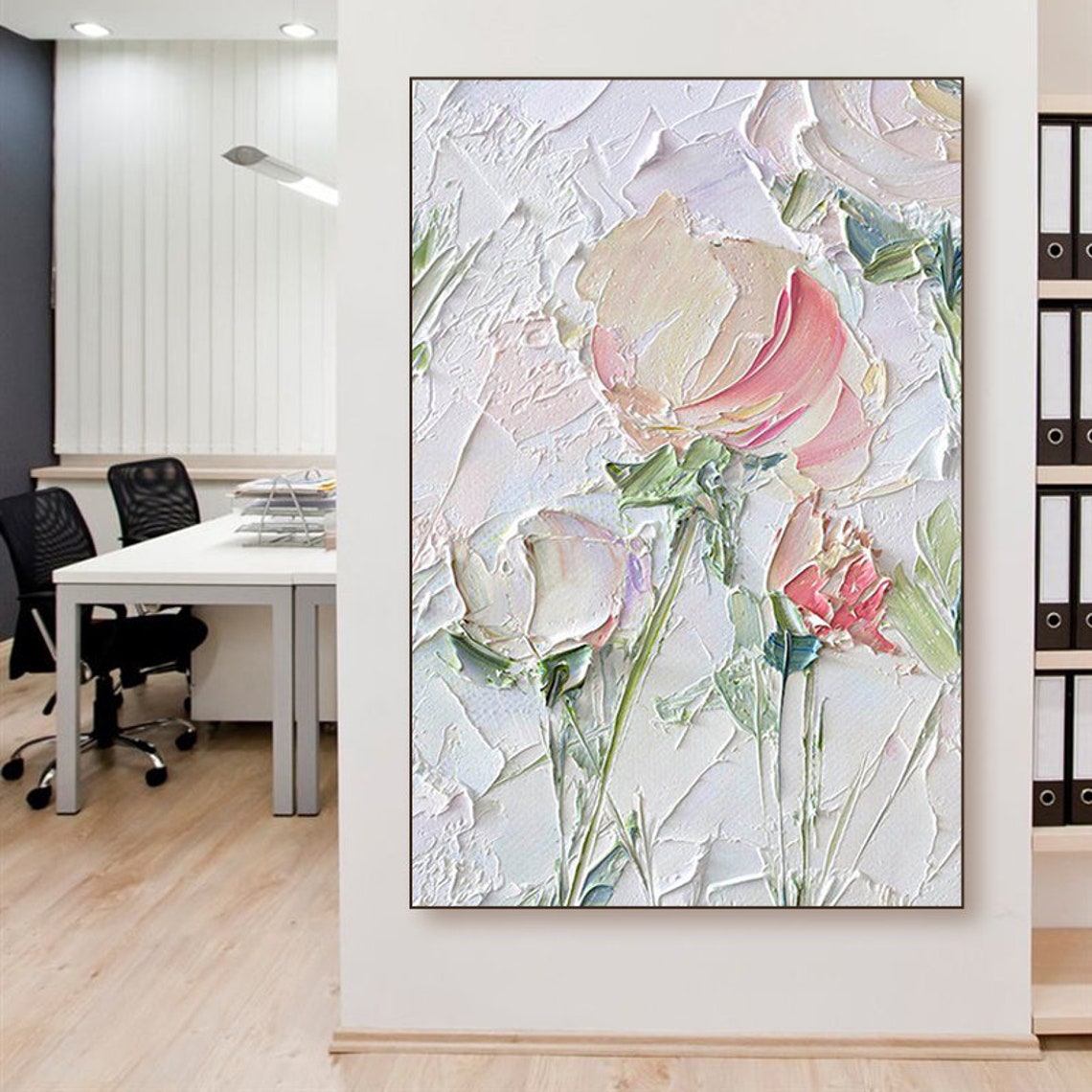 Large Original Art Abstract White Pink Rose Flower Oil Painting on ...