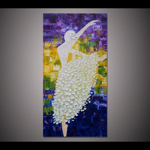 Hand painted Original Ballerina painting Abstract white yellow Purple flower painting living room decor wall art palette knife art painting