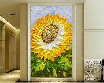 Hand painted 3D Abstract Blooming Sunflower oil painting on canvas impasto acrylic palette knife painting living room decor wall art picture