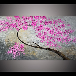 手描きの大きなサイズのローズピンクの花の咲く桜の厚いパレットナイフの油絵キャンバス、リビングルームの寝室の壁の装飾アート、Lisa作