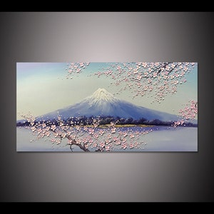 3D 大型オリジナル絵画 富士山 桜 壁アート パレットナイフ 絵画 ピンク 桜 リビングルーム 装飾 モダン 壁アート