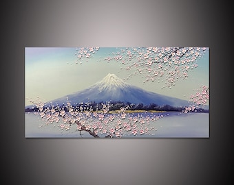 3D Large Original painting Mount Fuji Cherry Blossoms wall art palette knife painting Pink Cherry blossom Living room decor Modern Wall art