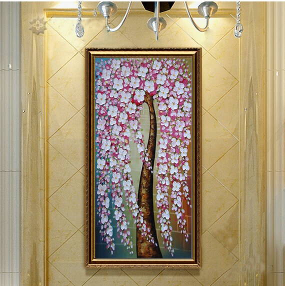 Dom Drzewo Grafika Jasny Kwiat Obraz Olej Na Płótnie Rysunek Różowy Ręka Sztuka Wystrój ściana żywy