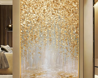 Pintura al óleo abstracta de gran formato con texturas doradas de lujo sobre lienzo. Arte mural minimalista en lienzo dorado para la decoración de la sala de estar o la oficina.