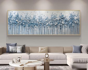 Original art Hand painted abstract white blue Snow tree thick acrylic palette knife oil painting azury gray living room decor large wall art