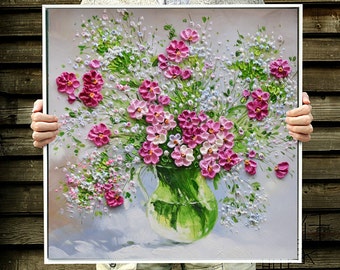 Original painting 3D Blooming Pink Flower oil painting on canvas Living room wall decor modern home decor Vibrant wall art Impasto painting