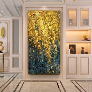 Large Dark Turquoise oil painting art thick acrylic palette Blooming Yellow Flower oil painting on canvas art living room decor abstract art