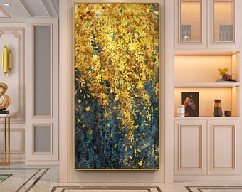 Großes Dunkles Türkis Ölgemälde Kunst dicke Acryl palette Blooming Yellow Flower Ölgemälde auf Leinwand Kunst Wohnzimmer Dekor abstrakte Kunst