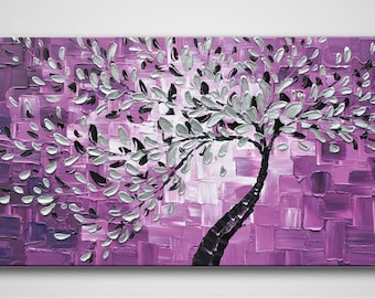 Grote kunst handgeschilderde woonkamer home decor kunst aan de muur foto abstracte paarse zilverachtige boom dik paletmes schilderij op canvas kunst aan de muur