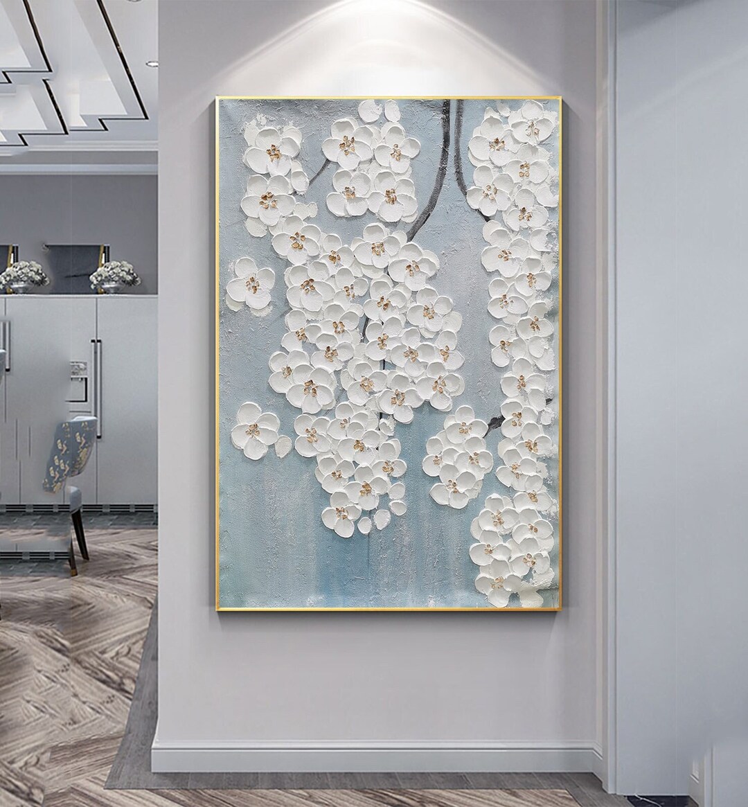 Large Original Art Abstract White Flower Oil Painting on Blue - Etsy