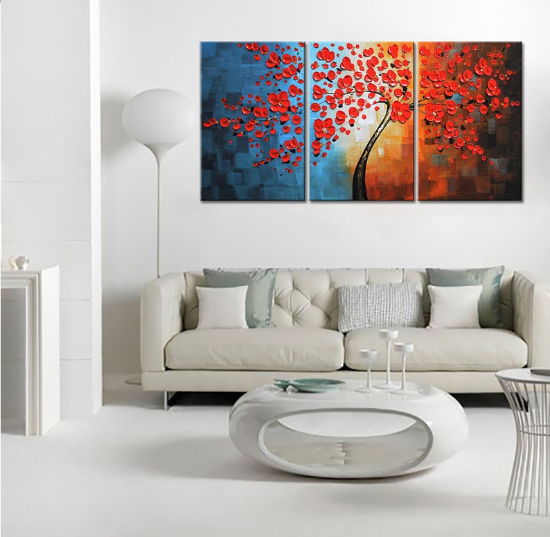 3 Piece Wall Art Canvas Ready to Hang Abstract Red Flower Tree Etsy