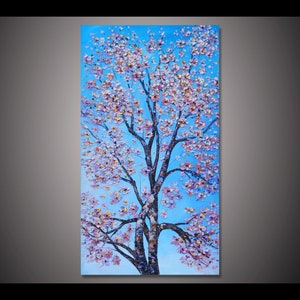 手描きのピンクの桜の木の厚いペイントアクリルパレットナイフの油絵キャンバスの廊下のリビングルームの装飾アートの花の絵画
