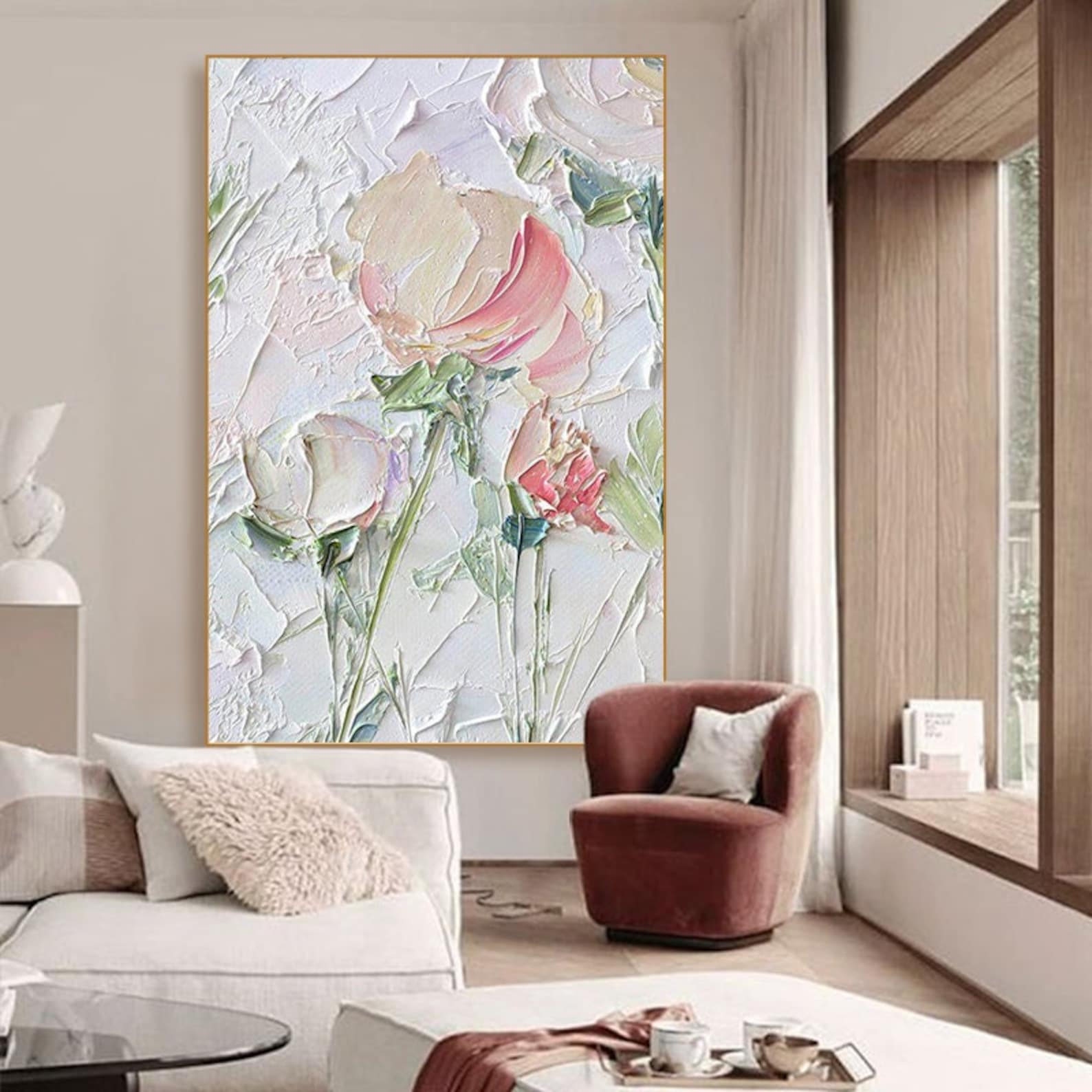 Large Original Art Abstract White Pink Rose Flower Oil Painting on ...