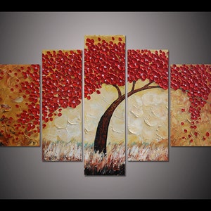 Large Original art Lucky red cherry blossom tree thick palette knife flower oil painting modern home decor wall art Living room wall decor