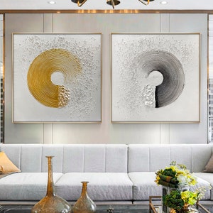 Large Abstract Gold Frame Geometric Wall Art Black and White abstract art living room wall decor office wall art oil painting Ready to hang