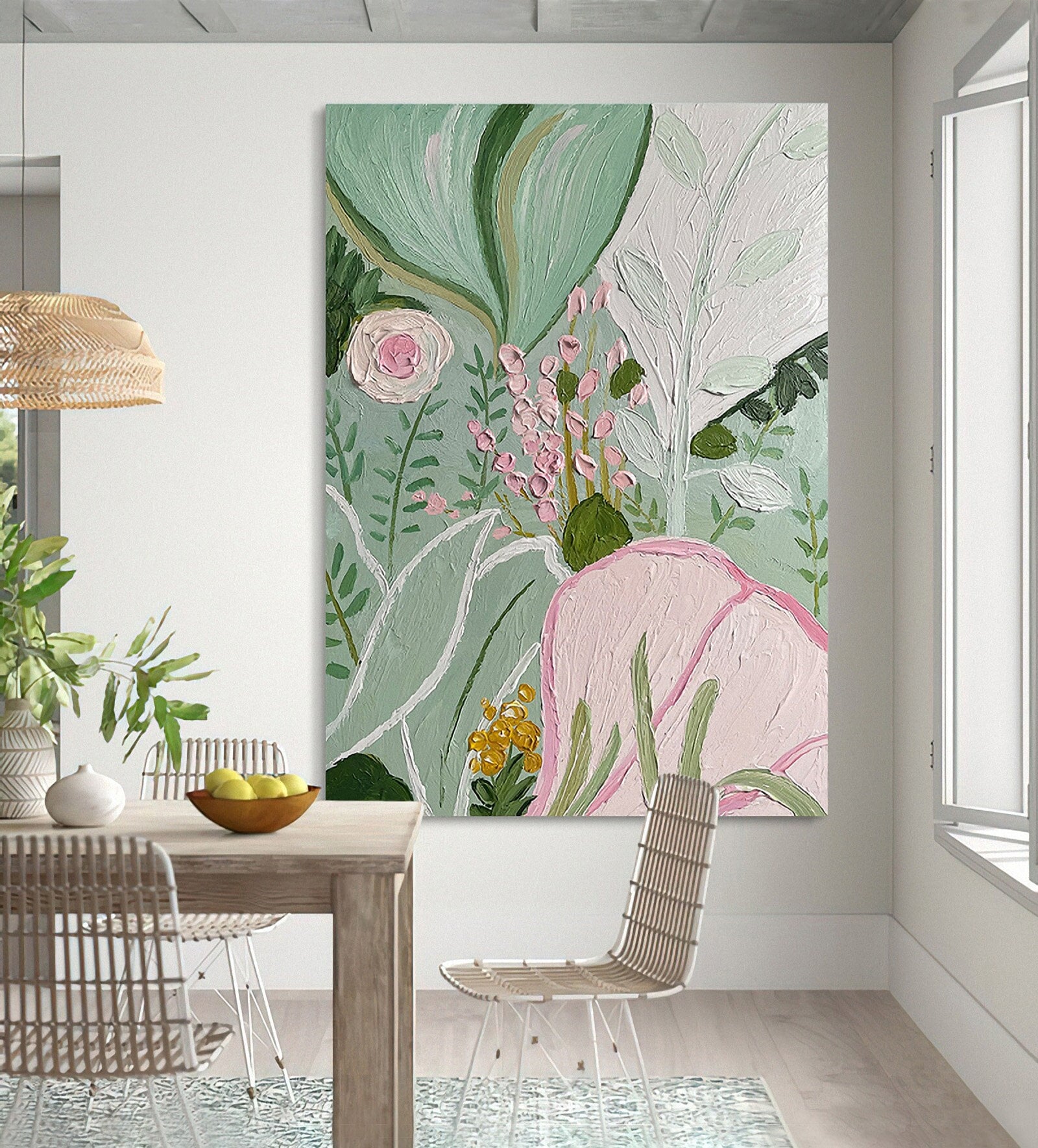 Original Abstract Green Pink Flowers Plants Oil Painting on Canvas Nursery Wall decor Flower Painting Living room Wall decor Modern Wall art