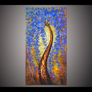 Blue Abstract wall art Cherry Blossom painting Living room wall decor art Blue Flower tree oil painting on canvas art palette knife painting