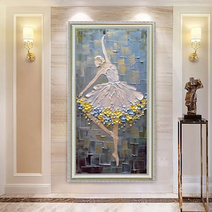 Handgemaltes weißes blaues gelbes Ballettmädchenblumen 3D dickes Palettenmesser-Ölgemälde auf Leinwand Wohnzimmer Schlafzimmer Dekor Wandkunst Malerei
