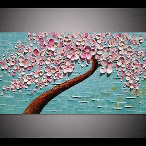 手描きのホームデコレーションウォールアート、ピンクの桜の花の木、シアンブルーグリーンの厚いパレットナイフの油絵、キャンバスアート、リサ作