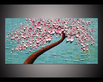 Hand painted home decor wall art pink cherry blossom flower tree on cyan blue green thick palette knife oil painting on canvas art By Lisa