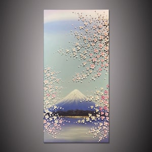 大きなオリジナル壁アート富士山と桜の絵画ピンクの花の油絵キャンバスパレットナイフ絵画リビングルームの壁アート