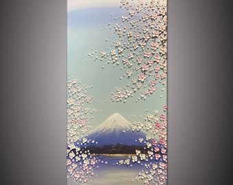 Large Original wall art Mount Fuji & Cherry Blossoms painting pink flower oil painting on canvas Palette Knife painting living room wall art
