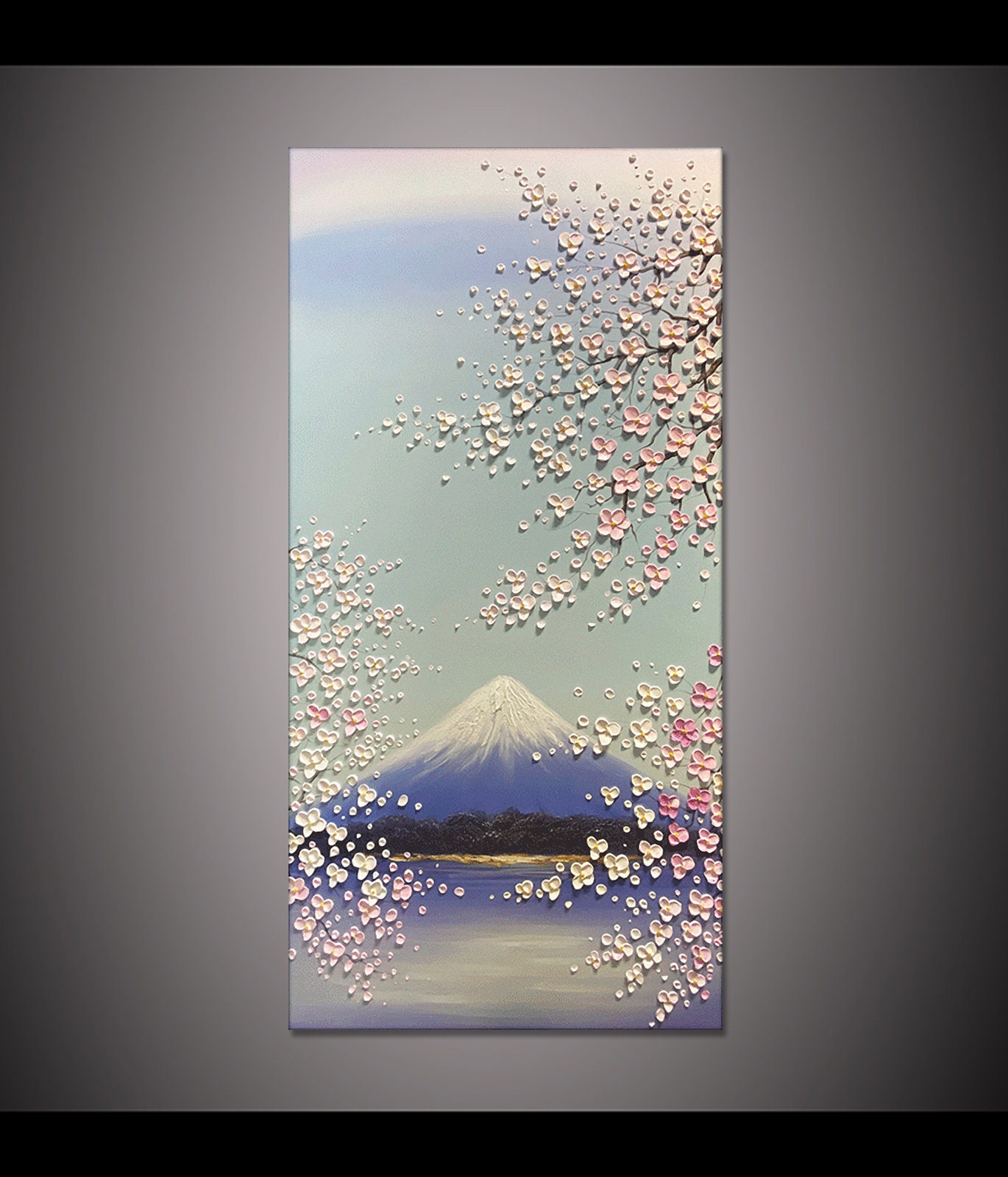 Large Original Wall Art Mount Fuji & Cherry Blossoms Painting Pink ...