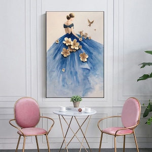 Hand painted Large Canvas Art Blue Dress Ballet Girl Dancer painting Girl room decor art Abstract Ballerina oil painting on canvas wall art