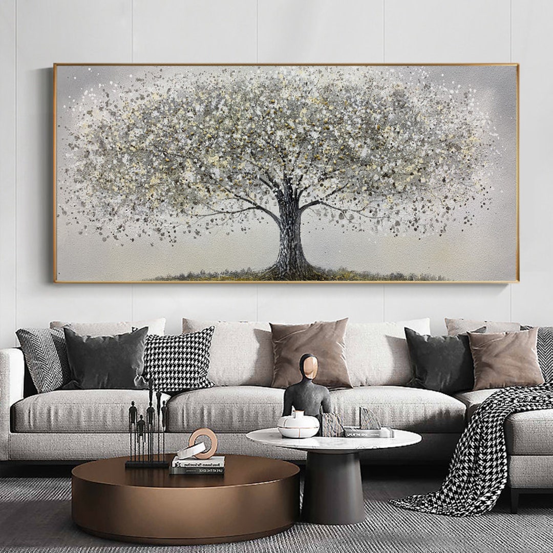 Hand Painted Big Tree of Life Wall Art Gravel Texture Painting Grey ...